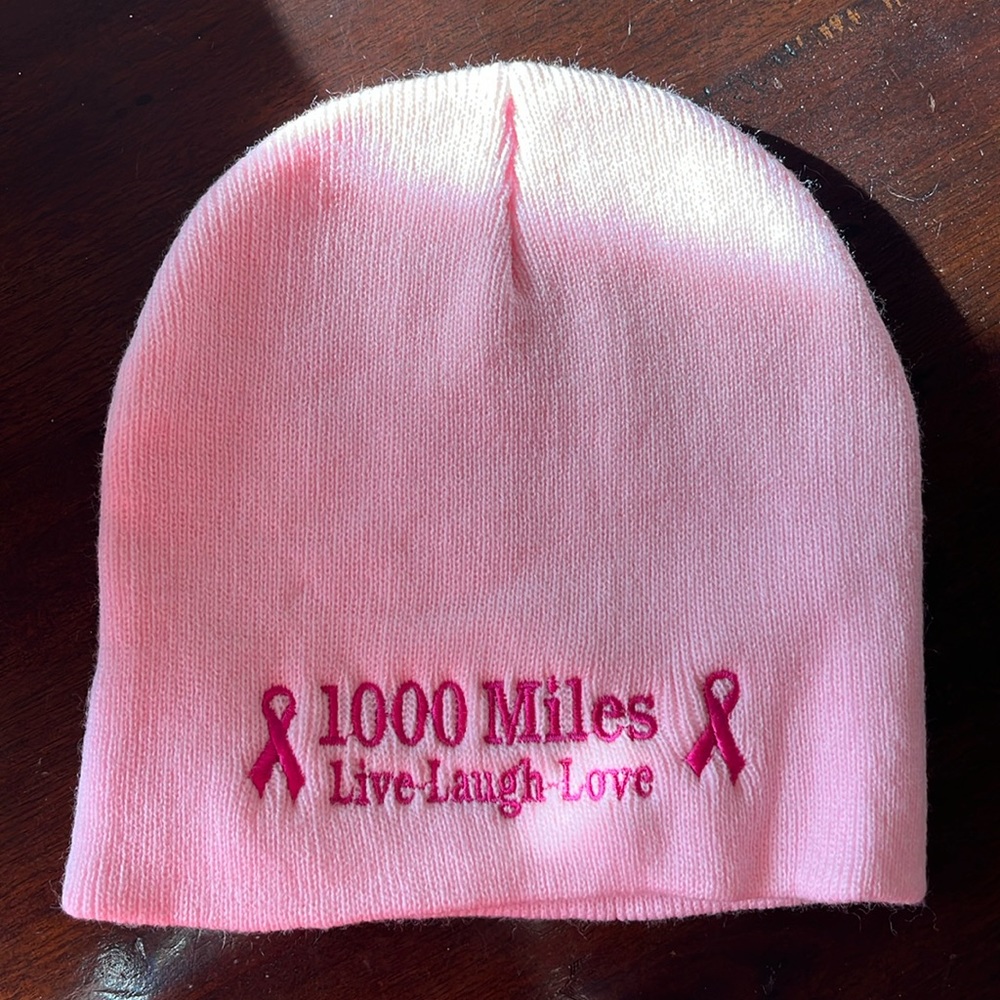 Breast cancer, 1000 miles live love, laugh, pink knitted beanie, cap, hat New